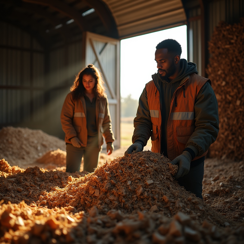Trabajadores gestionando astillas de madera en una planta de biomasa comunitaria