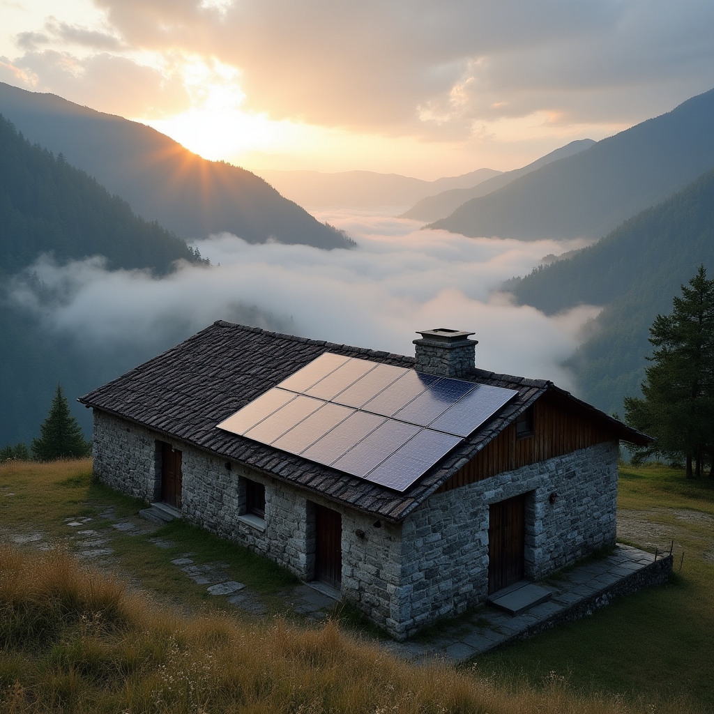 Instalación solar comunitaria sobre el tejado de un edificio en un pueblo de montaña