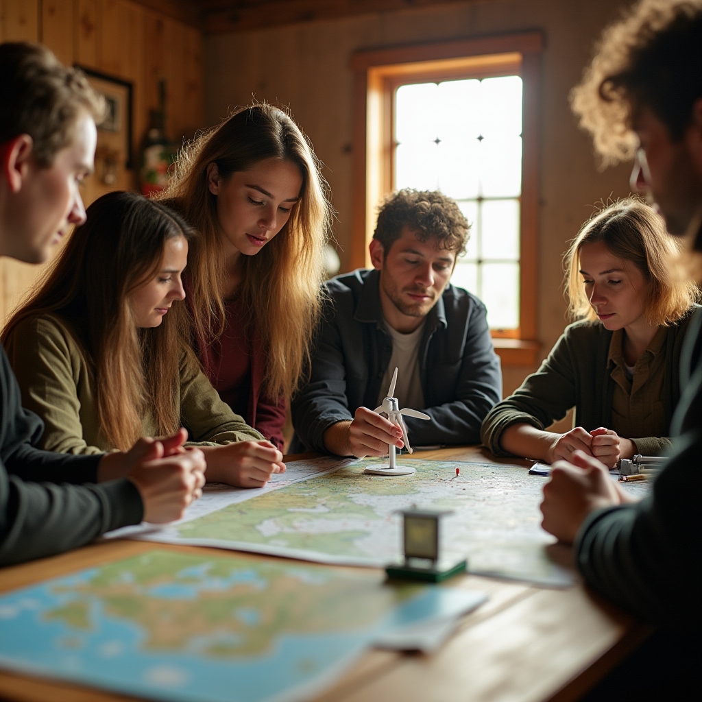 Grupo diverso planificando un proyecto energético comunitario sobre una mesa con mapas