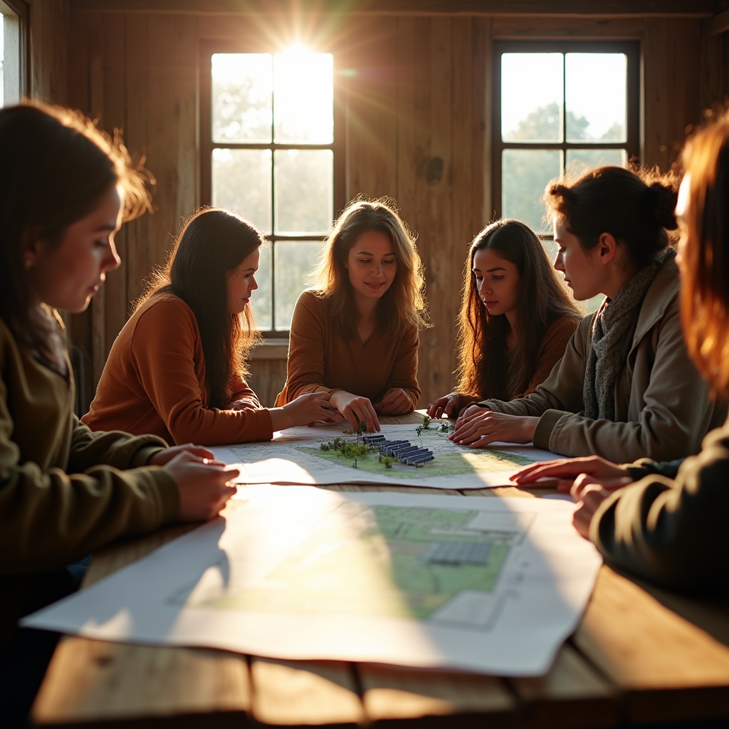 Grupo de vecinos reunidos alrededor de una mesa revisando planos de un proyecto energético