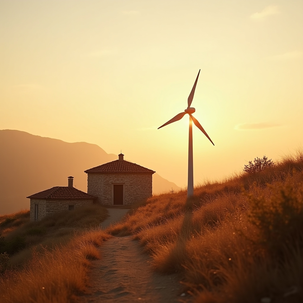 Turbina eólica de pequeña escala junto a un núcleo rural al amanecer
