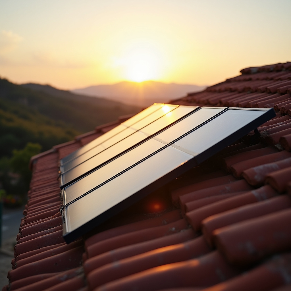 Paneles solares instalados sobre el tejado de un edificio comunitario rural